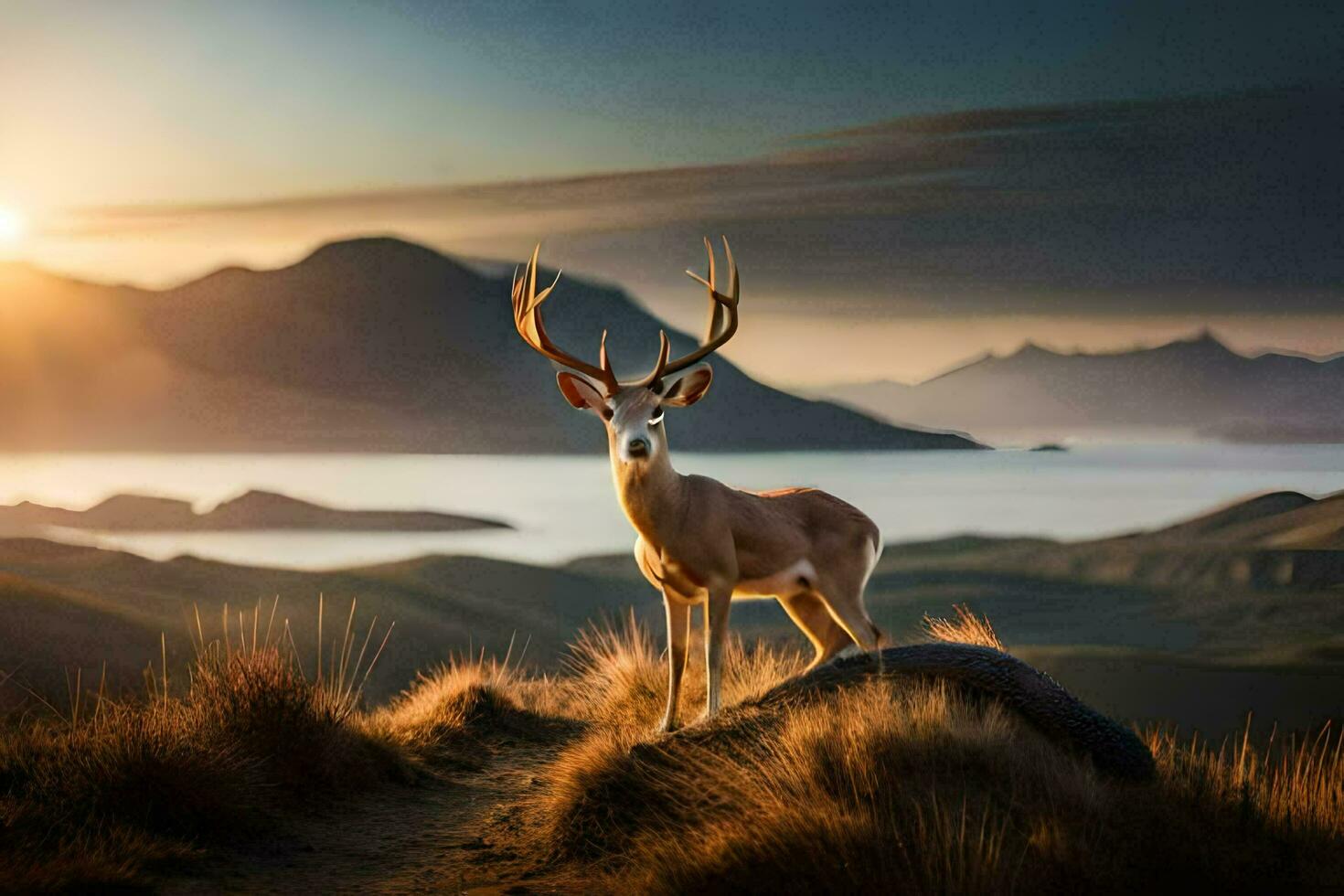 un' cervo sta su un' collina prospiciente il oceano e montagne. ai-generato foto