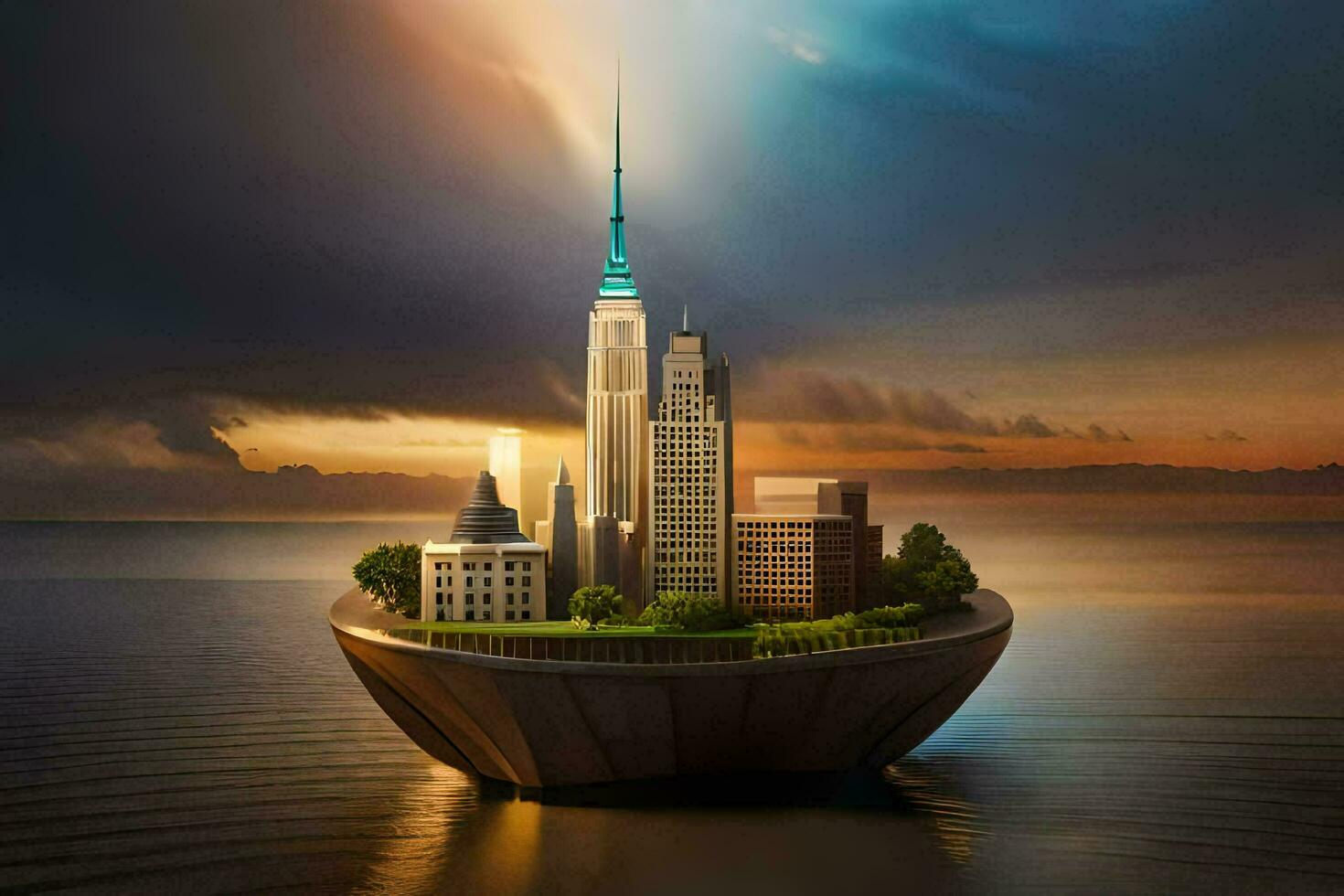 un' città galleggiante nel il oceano con un' grattacielo nel il mezzo. ai-generato foto