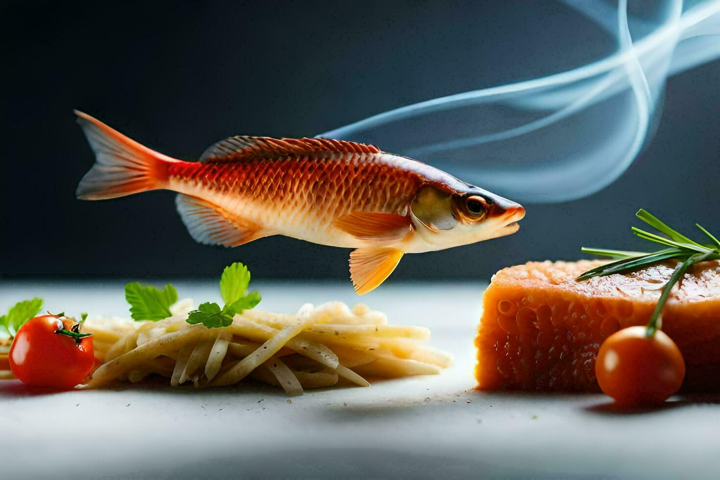 un' pesce è volante al di sopra di un' piatto di cibo con pomodori e pasta. ai-generato foto