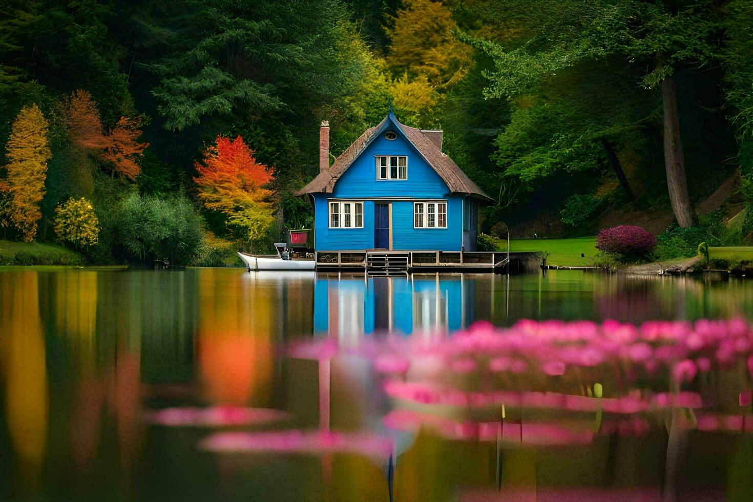 un' blu Casa si siede su il bordo di un' lago. ai-generato foto