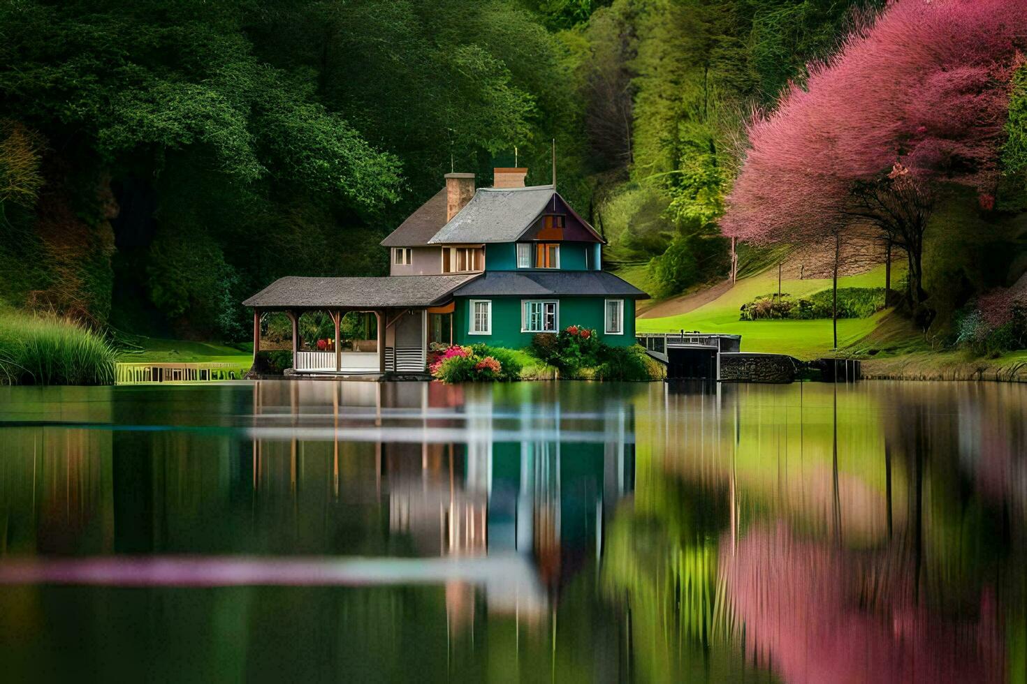 un' Casa si siede su il bordo di un' lago. ai-generato foto