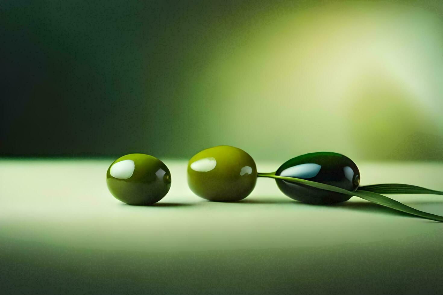 tre verde olive su un' tavolo con un' verde sfondo. ai-generato foto