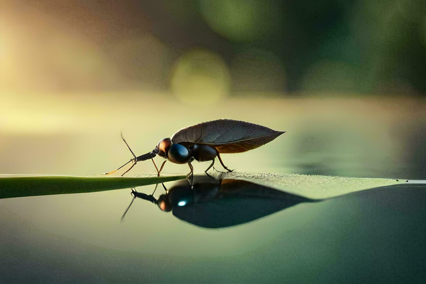 un' insetto seduta su un' foglia nel il acqua. ai-generato foto