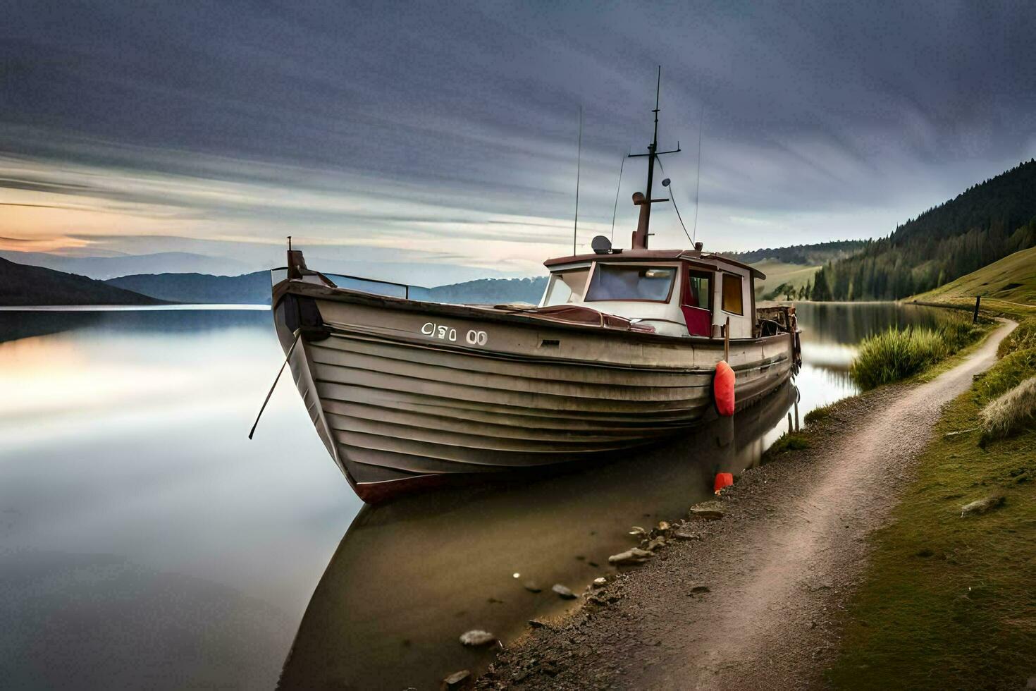 un' barca si siede su il riva di un' lago. ai-generato foto