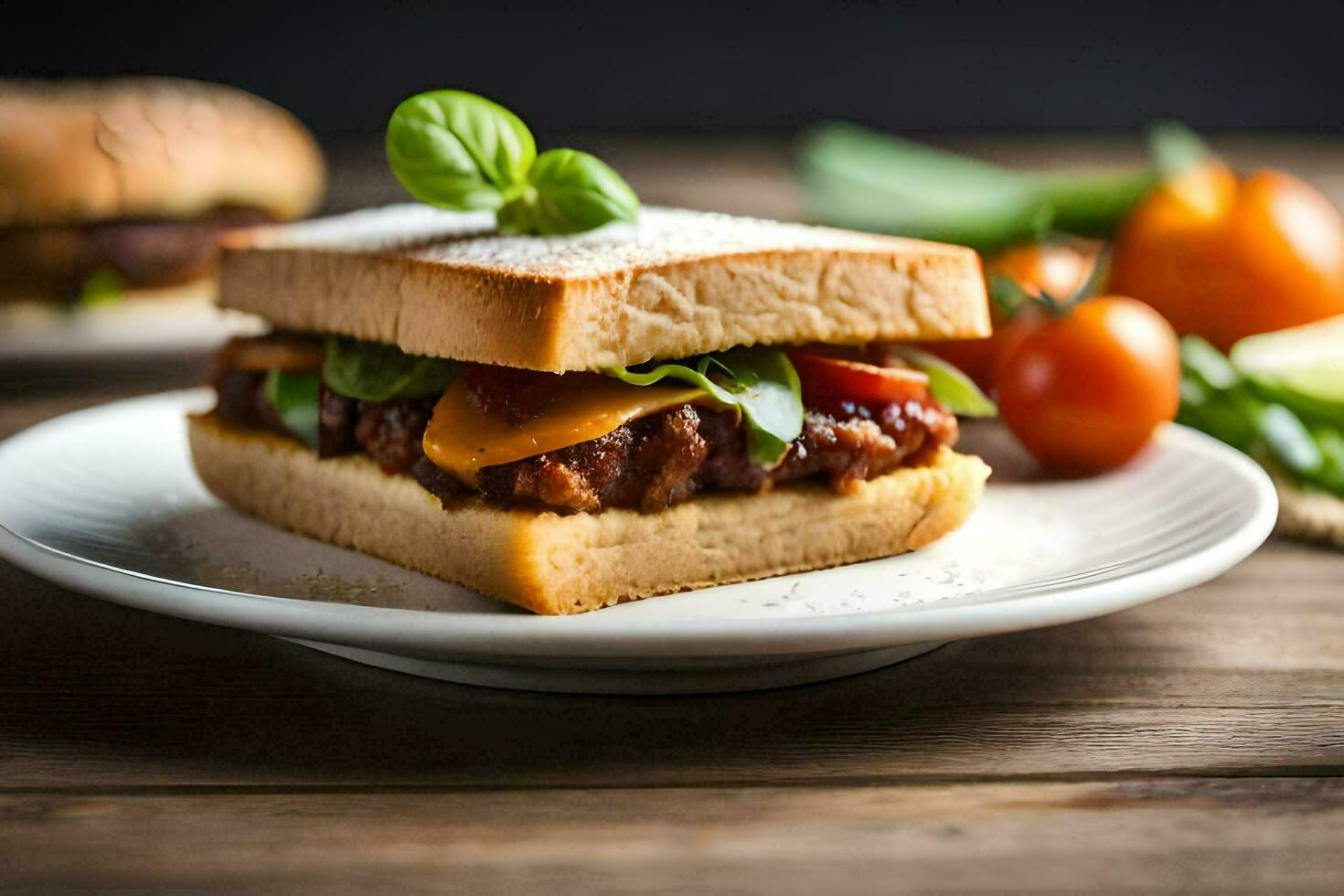 un' Sandwich con carne, formaggio e pomodori su un' bianca piatto. ai-generato foto