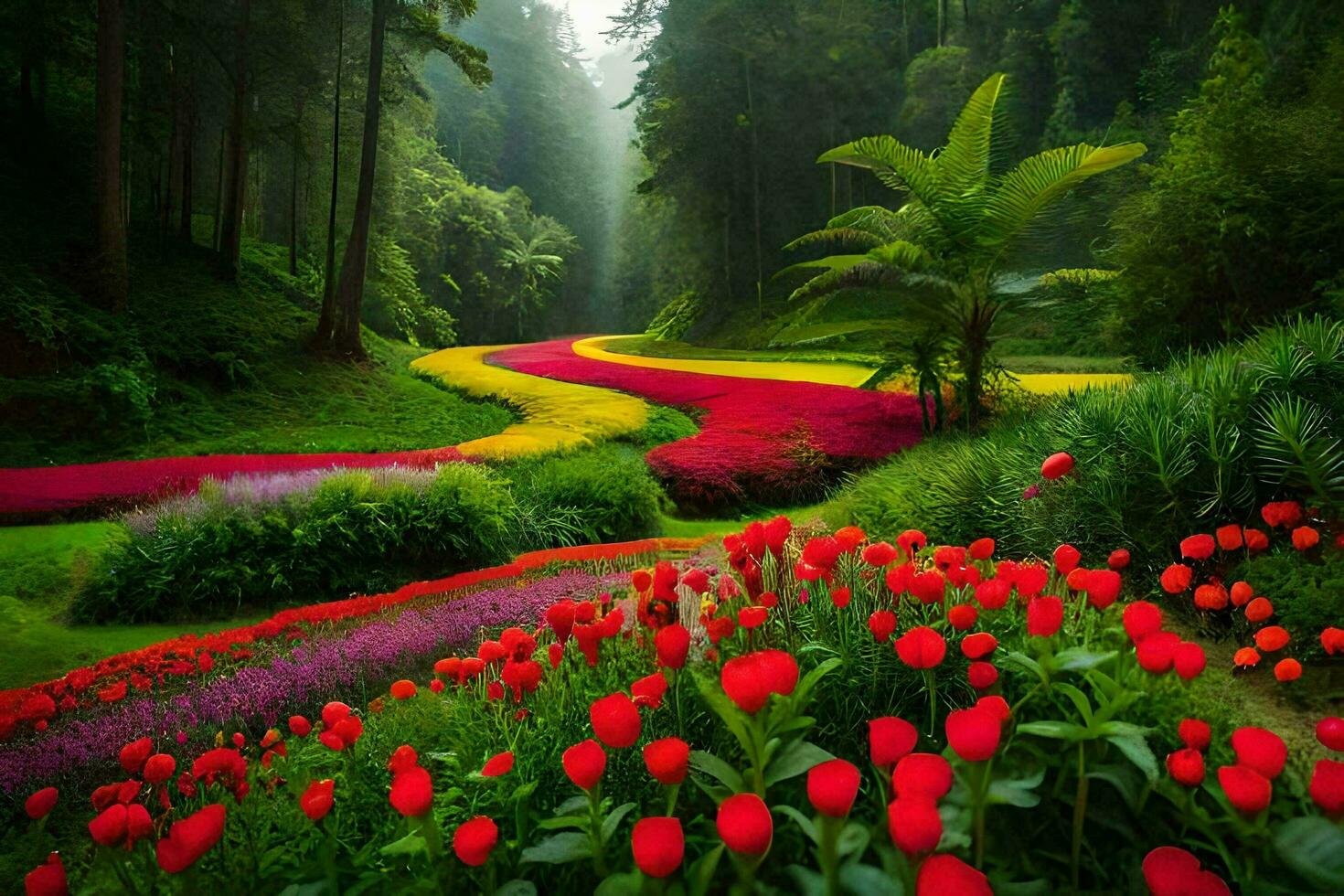 un' bellissimo giardino con rosso e giallo fiori. ai-generato foto