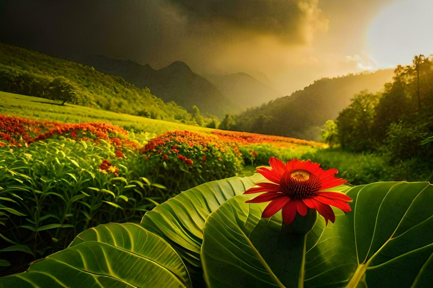 un' rosso fiore nel un' verde campo con montagne nel il sfondo. ai-generato foto