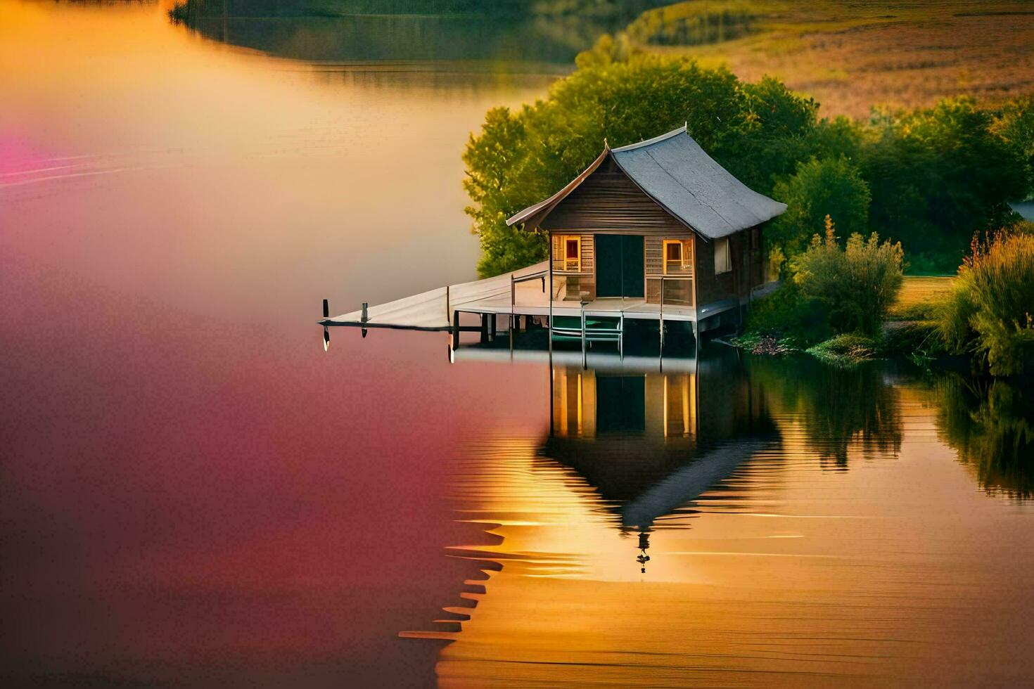 un' piccolo Casa si siede su il bordo di un' lago. ai-generato foto