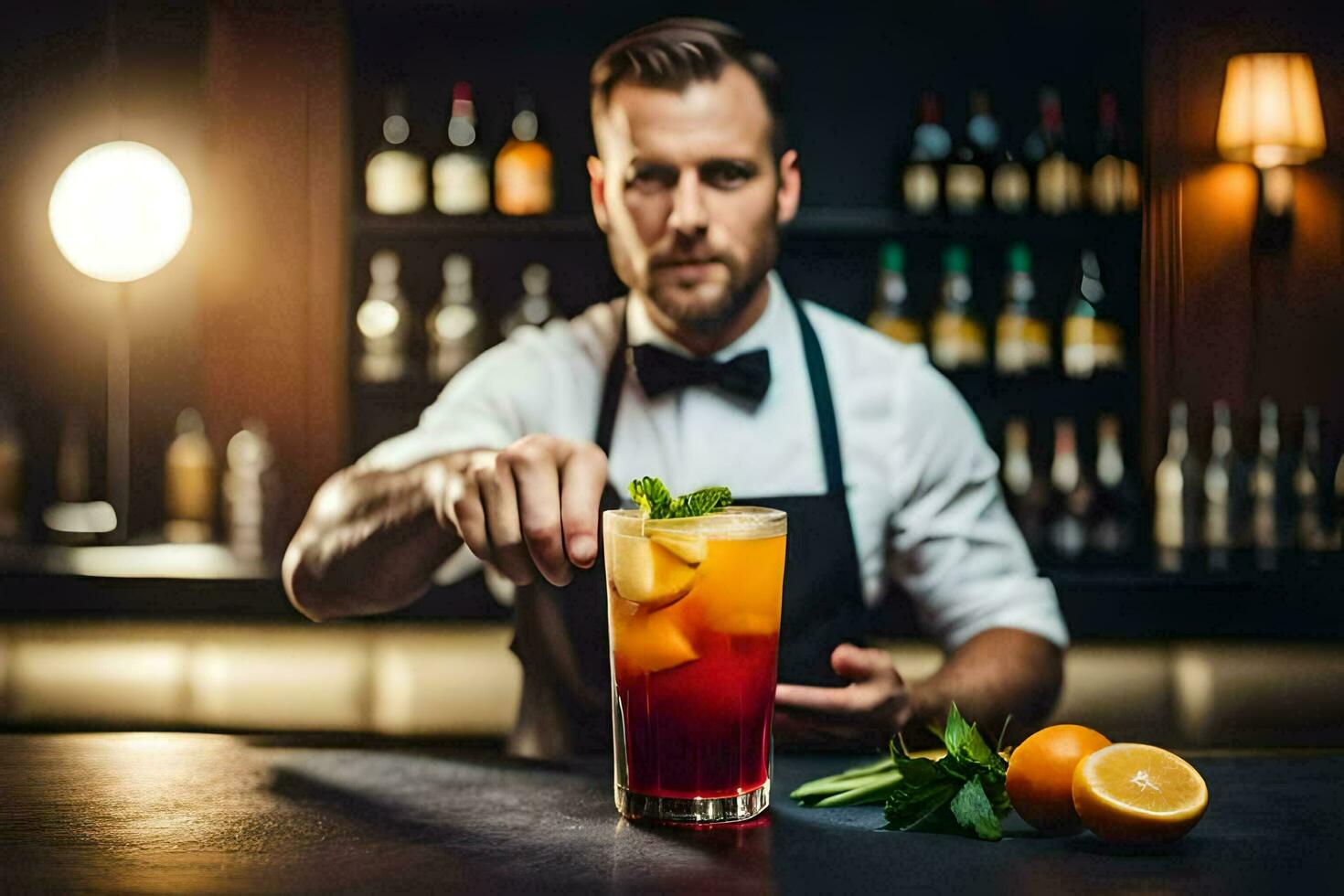 un' barista è preparazione un arancia cocktail. ai-generato foto