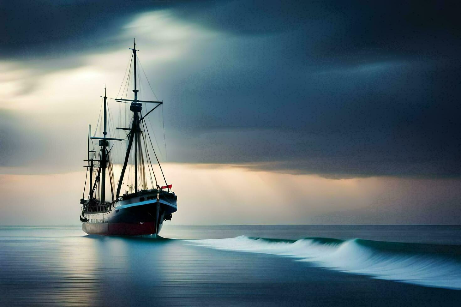 un' andare in barca nave nel il oceano sotto un' tempestoso cielo. ai-generato foto