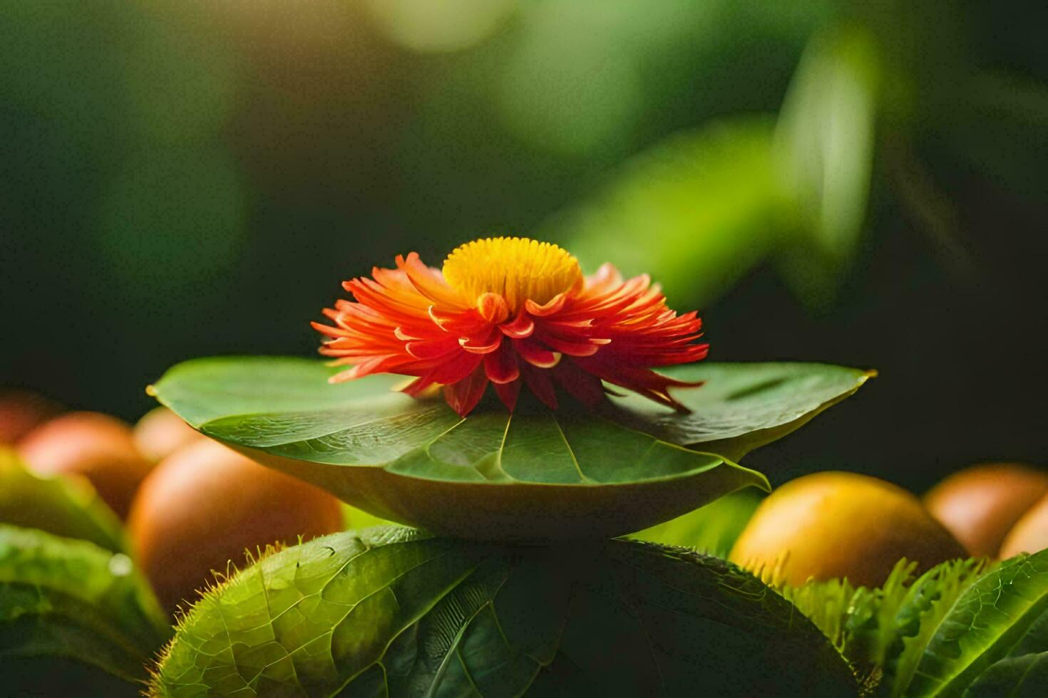 un' fiore su superiore di un' foglia con verde le foglie. ai-generato foto