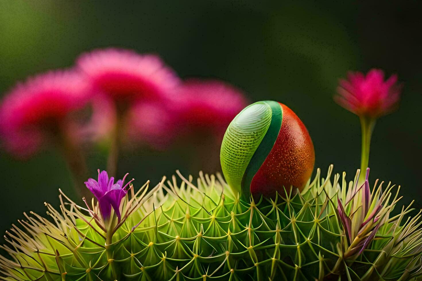 un' colorato uovo si siede su superiore di un' cactus. ai-generato foto