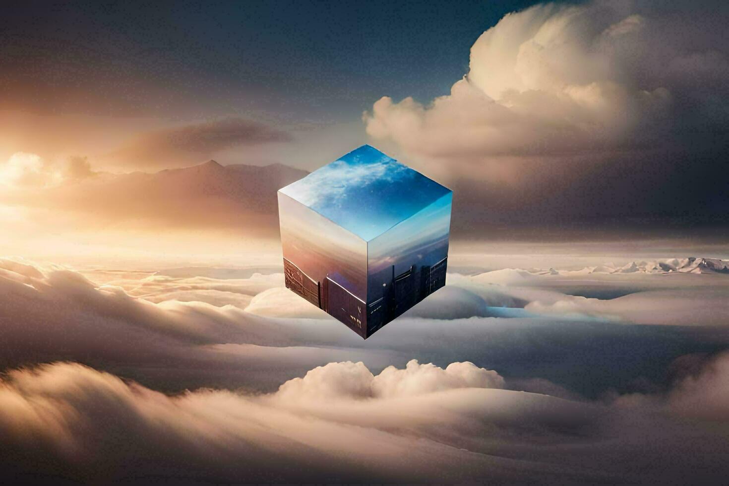 un' cubo nel il cielo con nuvole e nuvole. ai-generato foto