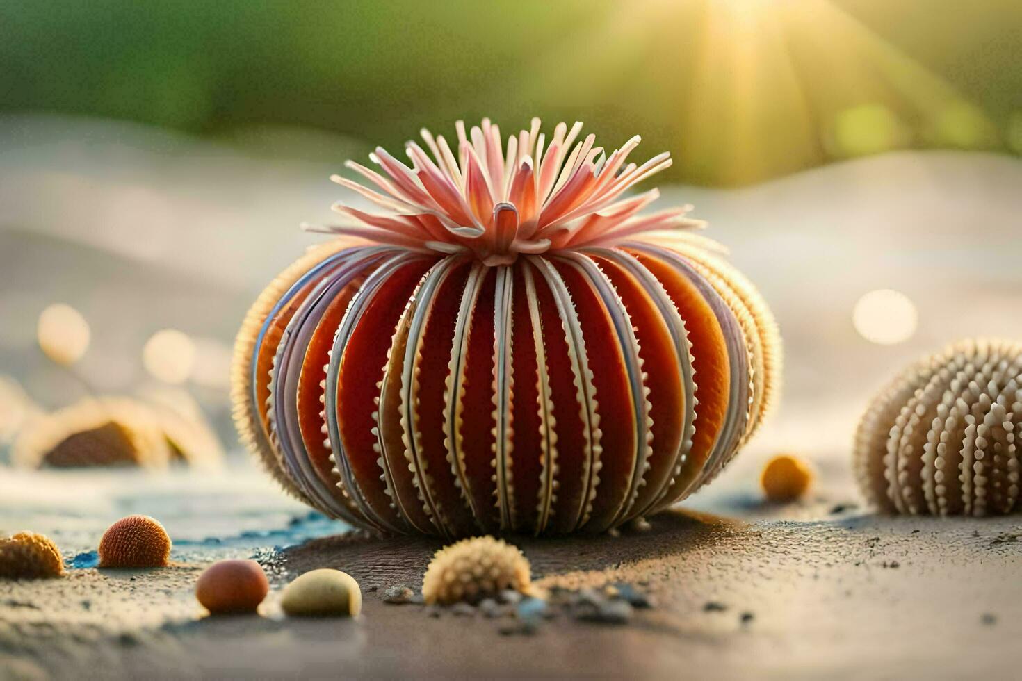 un' mare riccio su il spiaggia con conchiglie e sabbia. ai-generato foto