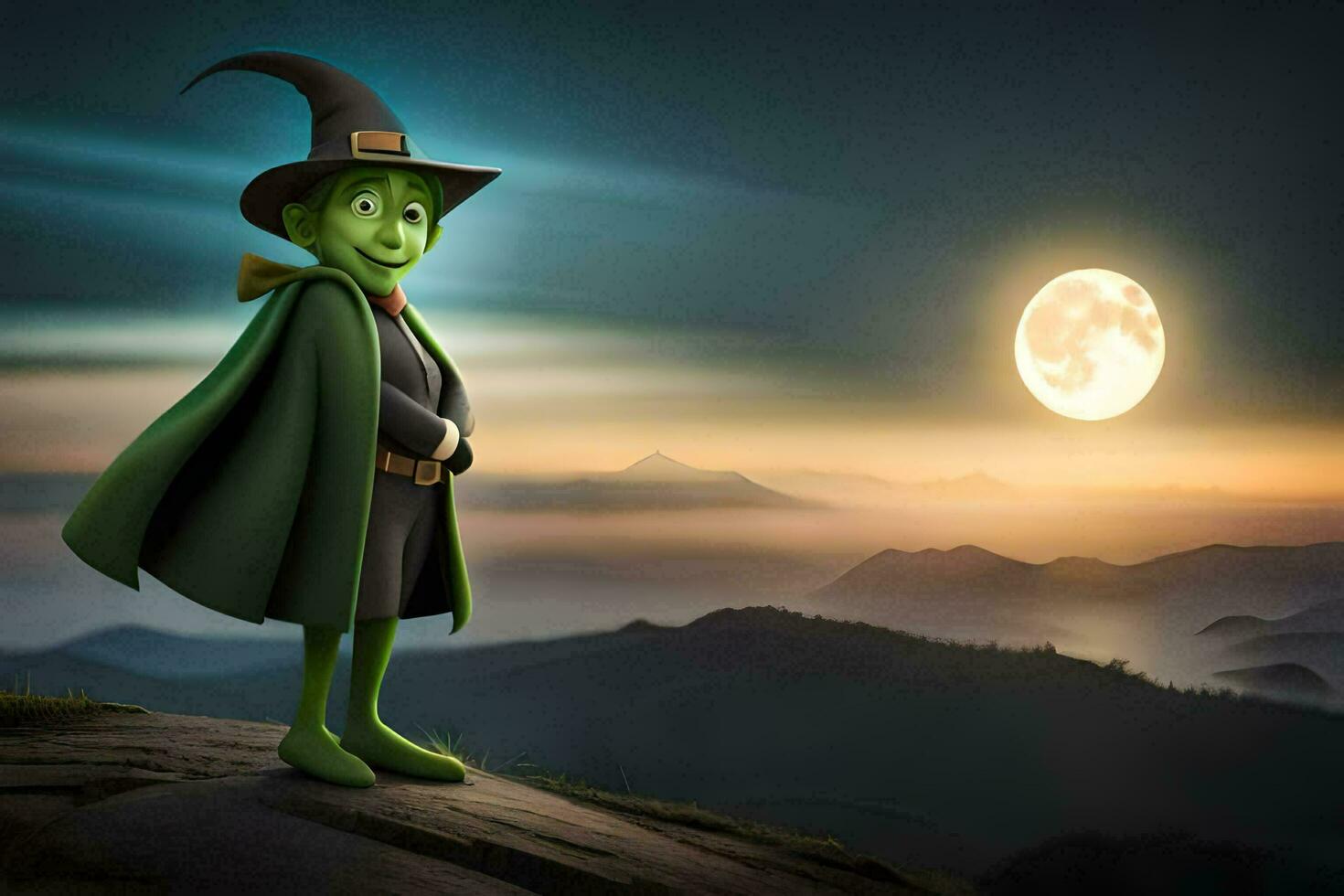 un' cartone animato strega in piedi su superiore di un' montagna con un' pieno Luna nel il sfondo. ai-generato foto