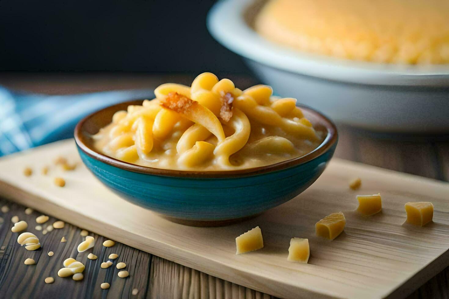 un' ciotola di maccheroni e formaggio con Bacon su un' di legno taglio tavola. ai-generato foto