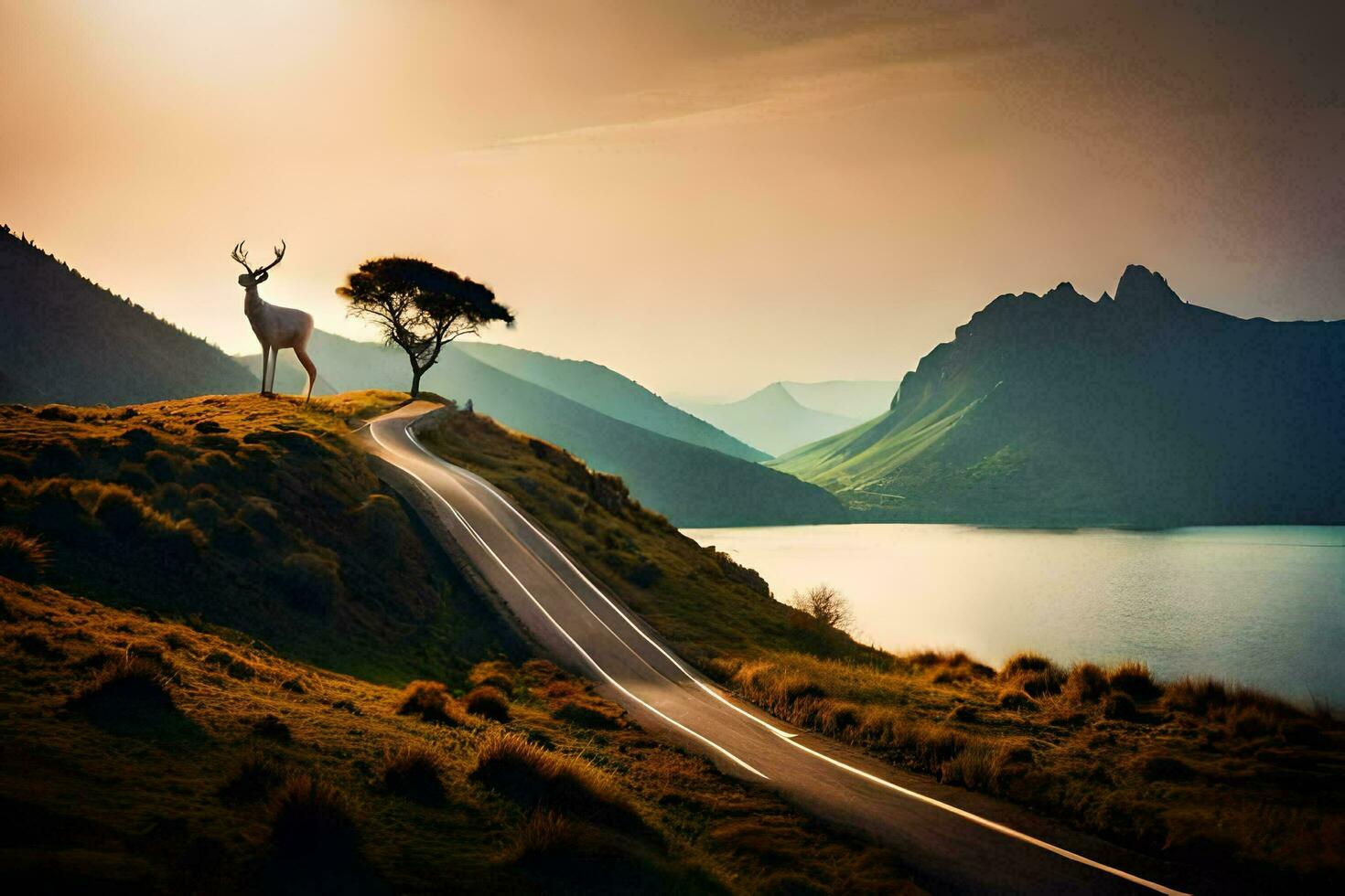 foto sfondo il strada, albero, lago, montagne, tramonto, cervo, strada, strada,. ai-generato