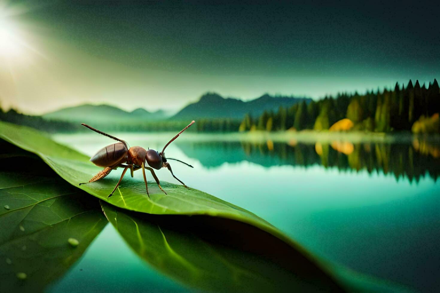 un' insetto su un' foglia vicino un' lago. ai-generato foto