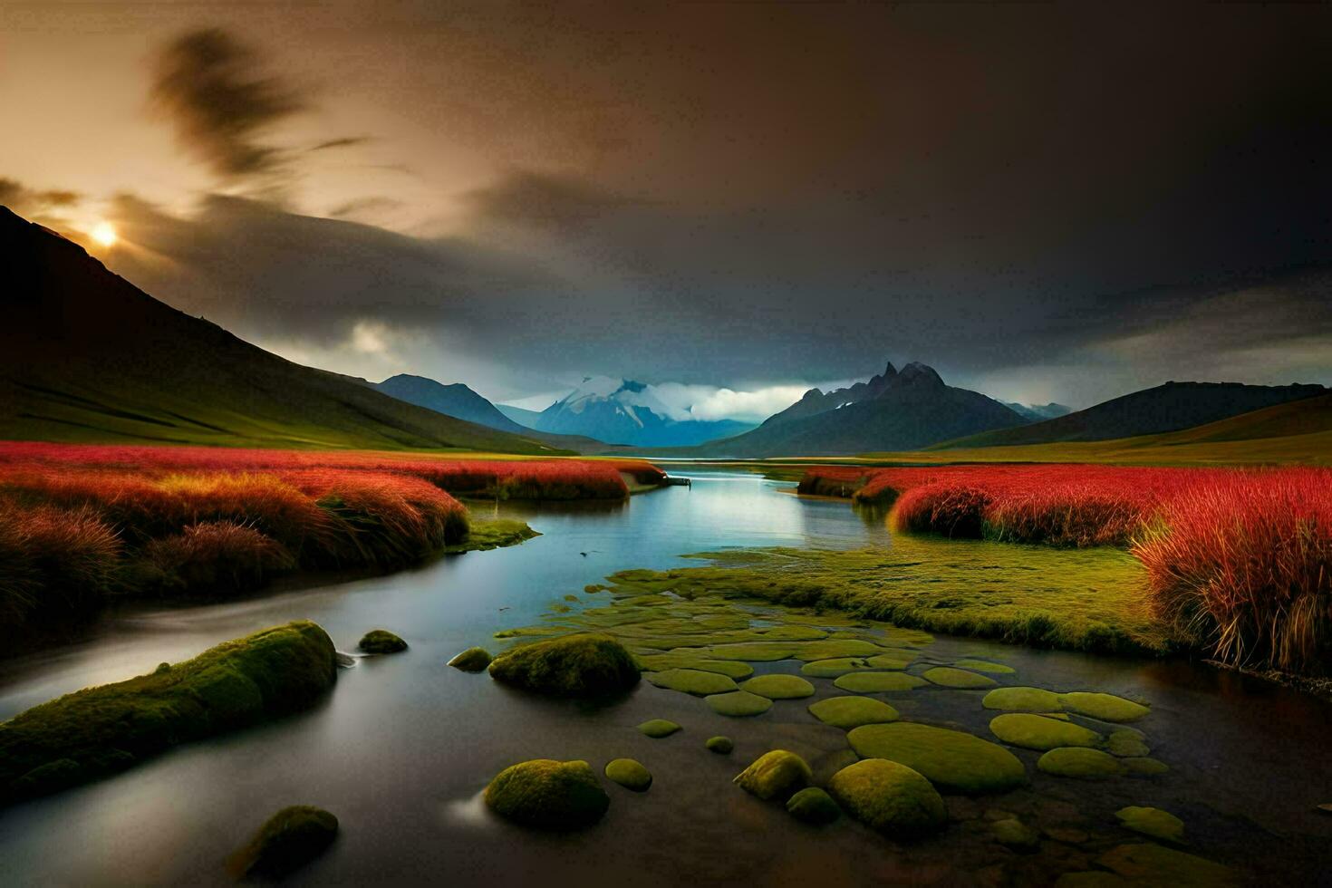 un' fiume corre attraverso un' campo con rosso erba e montagne. ai-generato foto