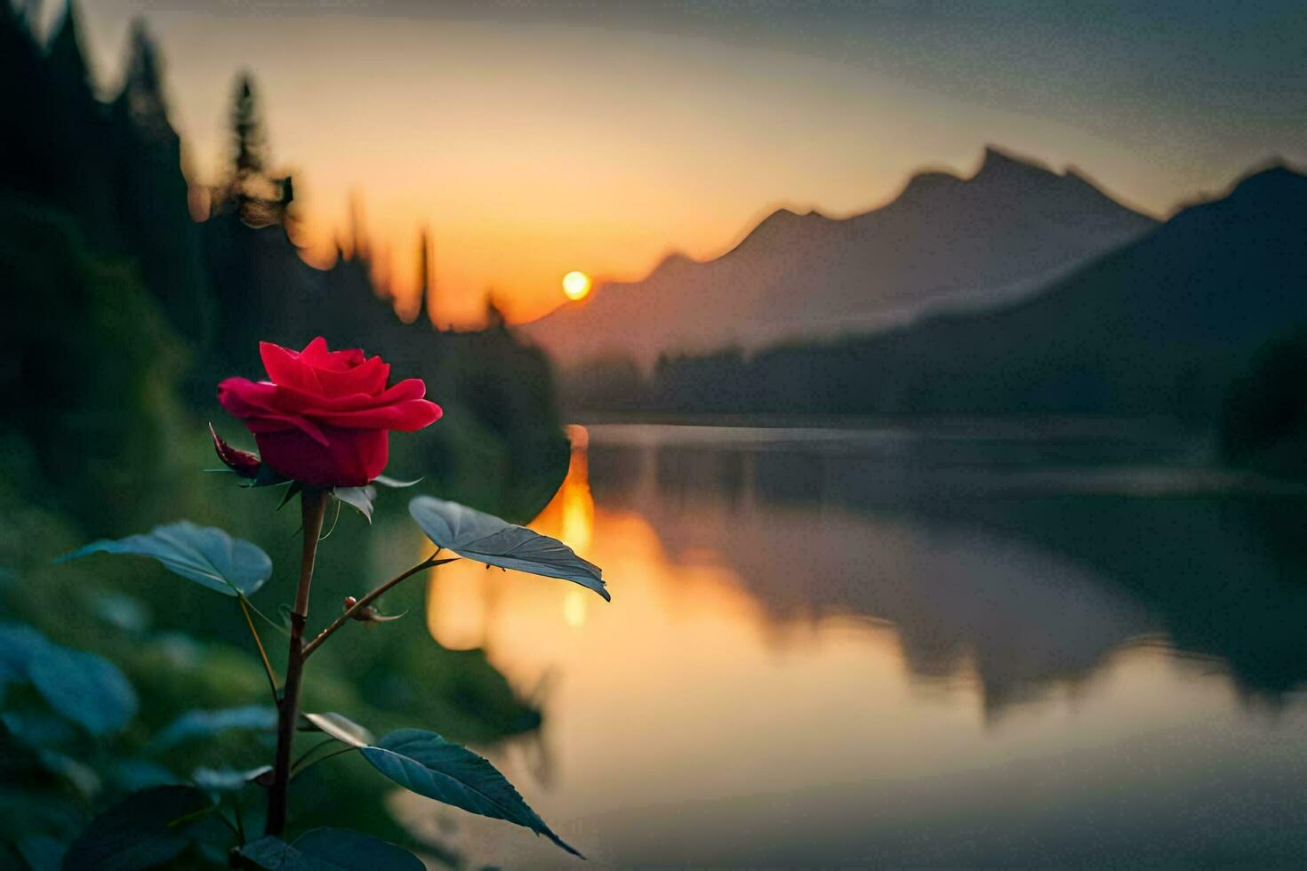 un' rosso rosa è nel davanti di un' lago e montagne. ai-generato foto