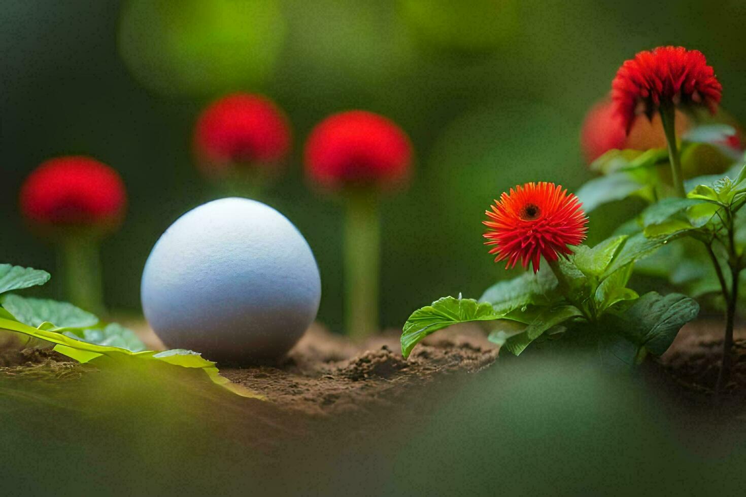 un' bianca uovo è circondato di rosso fiori. ai-generato foto