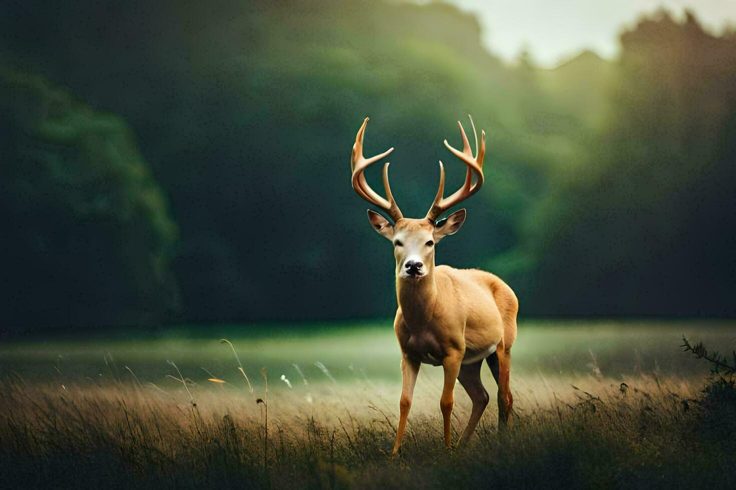 un' cervo sta nel il mezzo di un' campo. ai-generato foto