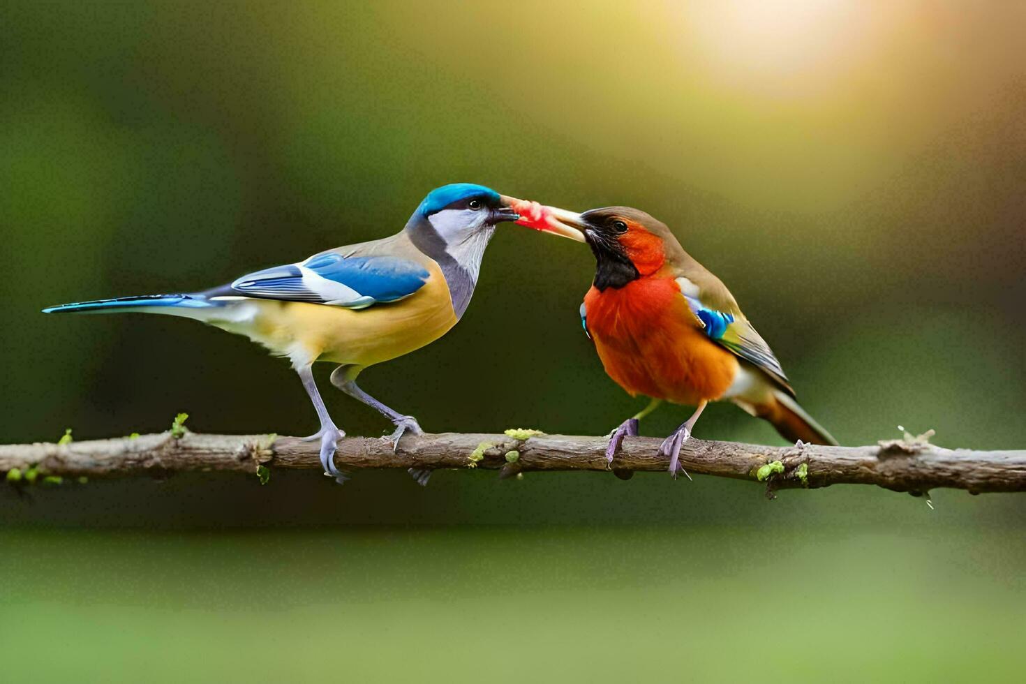 Due colorato uccelli su un' ramo. ai-generato foto