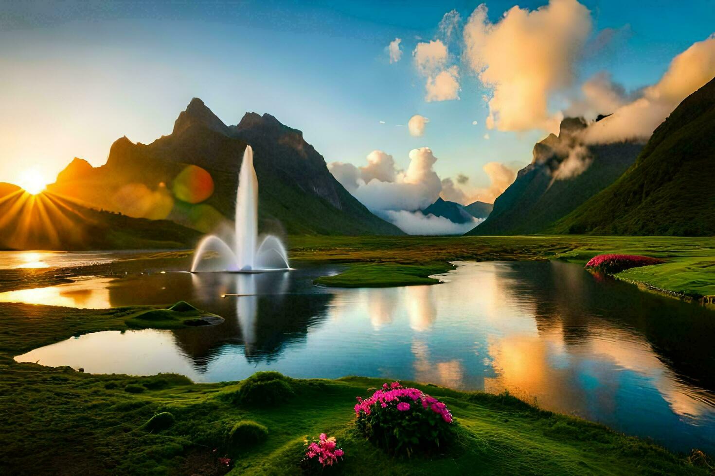 un' bellissimo tramonto al di sopra di un' lago e Fontana. ai-generato foto