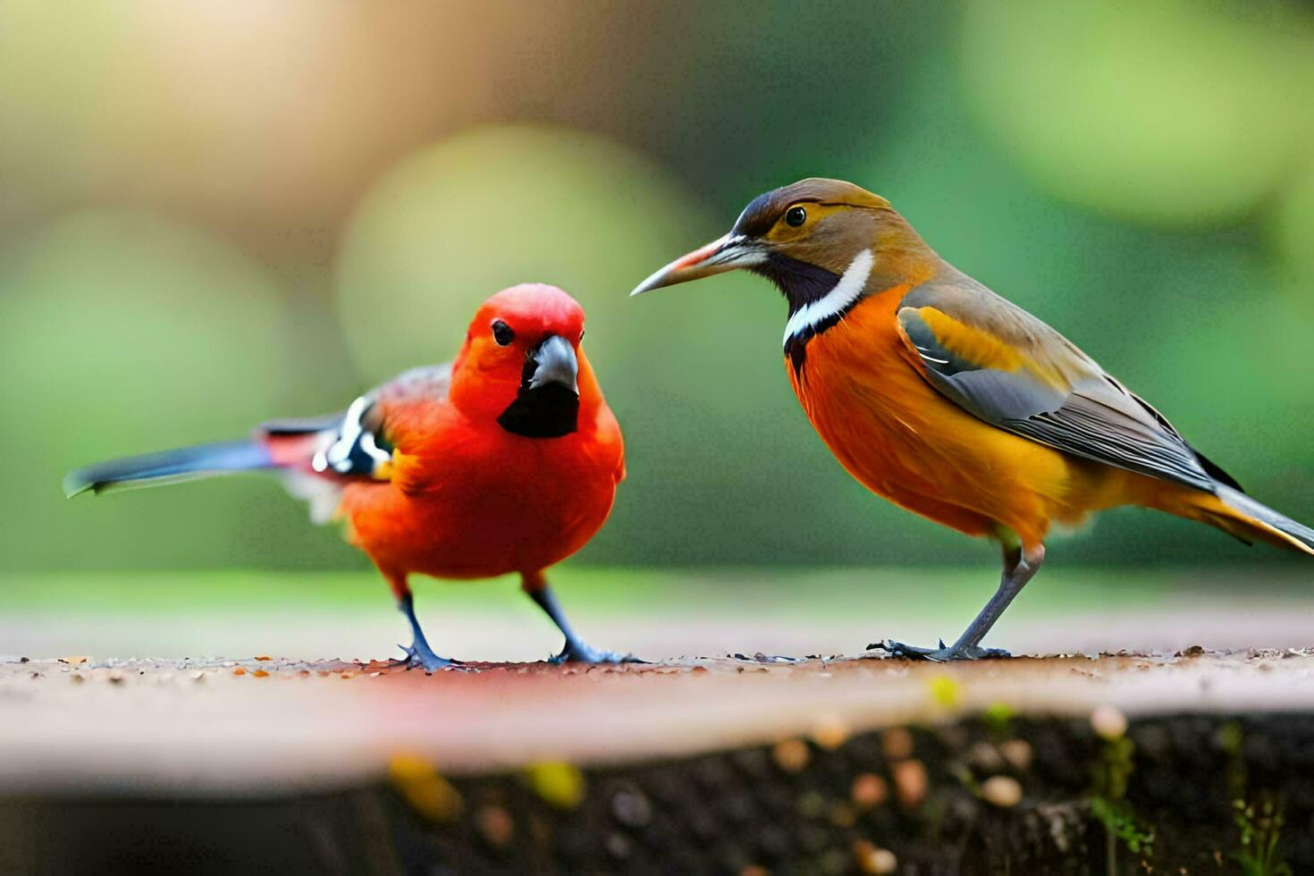 Due colorato uccelli in piedi su un' di legno piattaforma. ai-generato foto