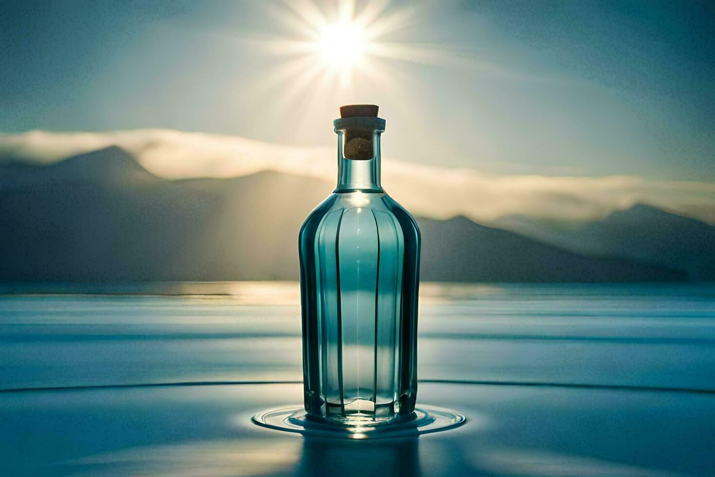 un' bottiglia di acqua si siede su il bordo di un' lago. ai-generato foto
