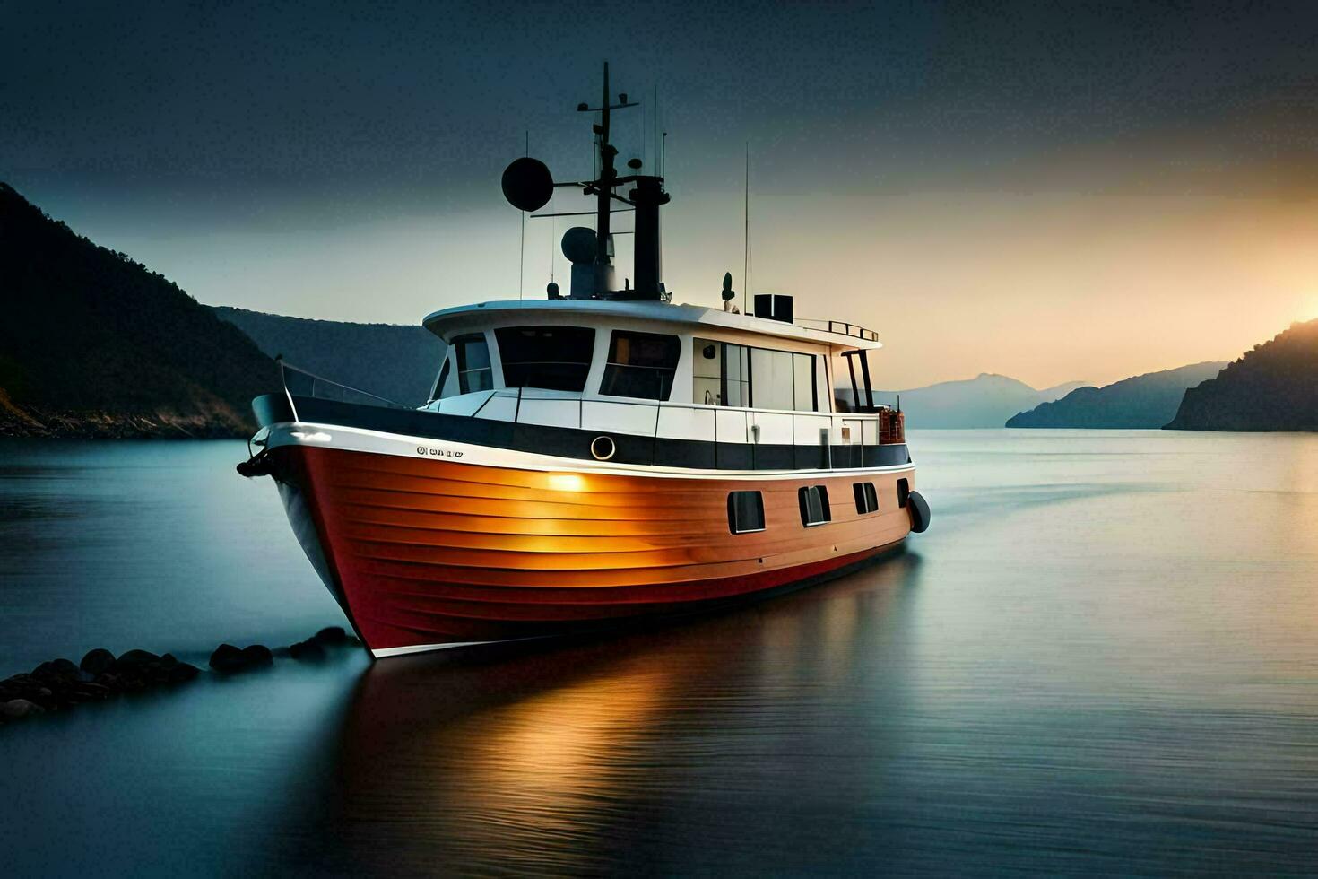 un' barca è attraccato a il litorale a tramonto. ai-generato foto