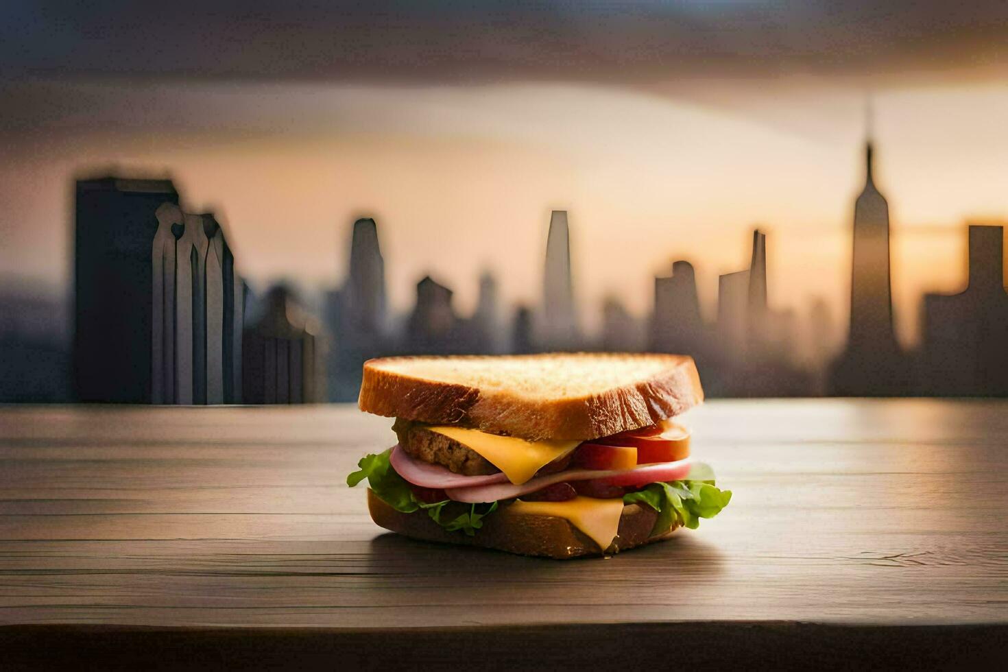 il città orizzonte è il fondale per un' Sandwich. ai-generato foto