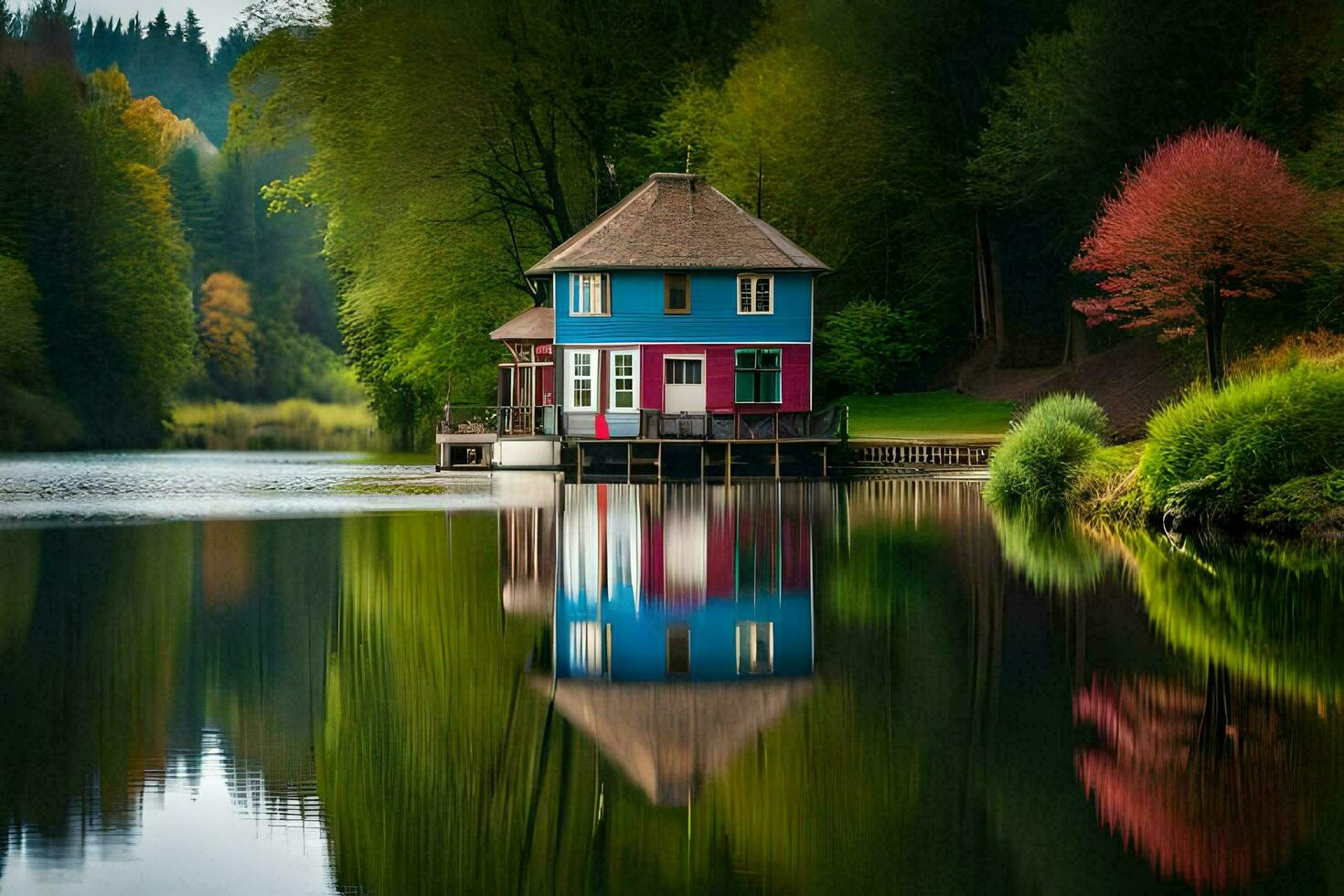 un' colorato Casa si siede su il bordo di un' lago. ai-generato foto