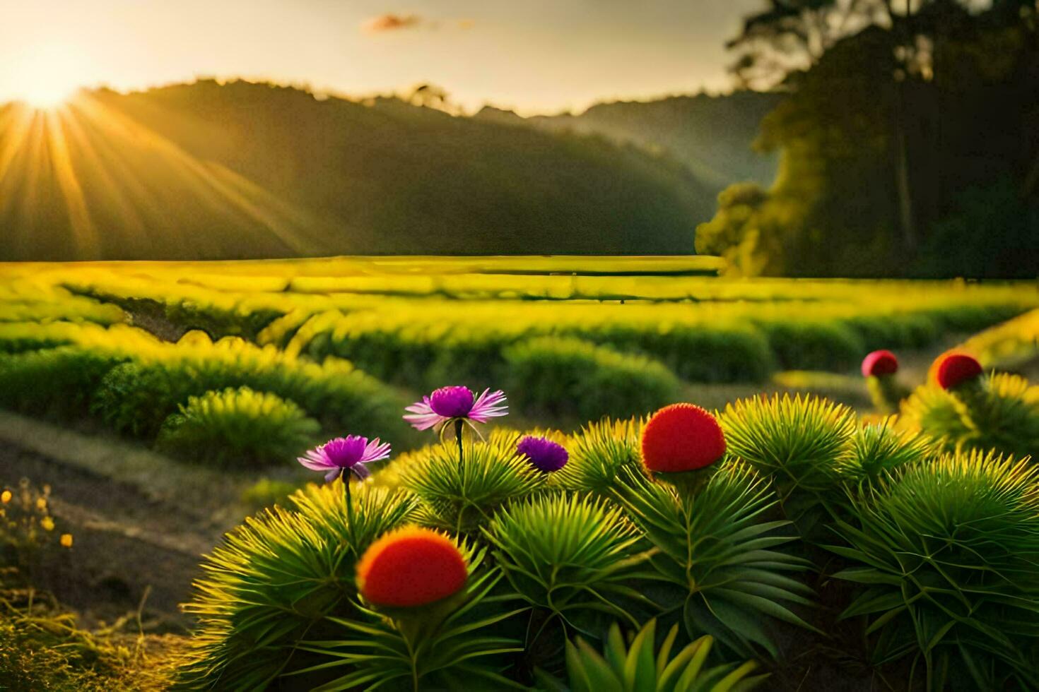 il sole è ambientazione al di sopra di un' campo di fiori. ai-generato foto