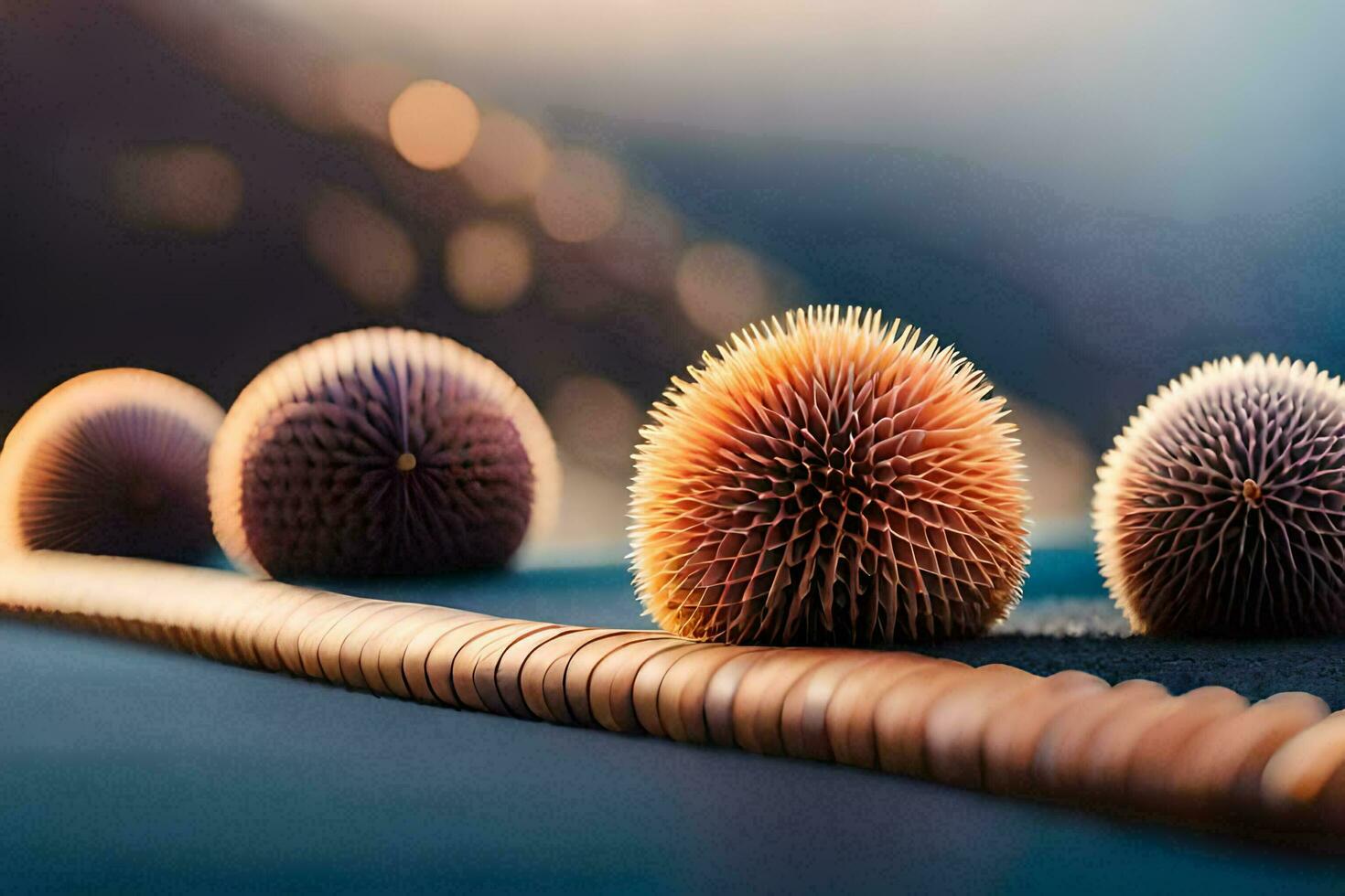 un' gruppo di spinoso palle seduta su un' tavolo. ai-generato foto