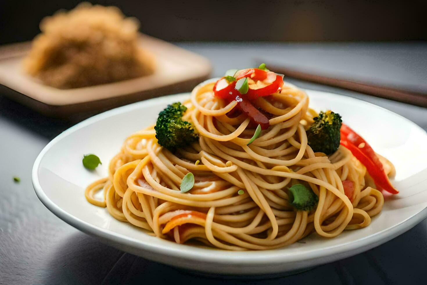 un' piatto di tagliatelle con verdure e un' bacchette. ai-generato foto