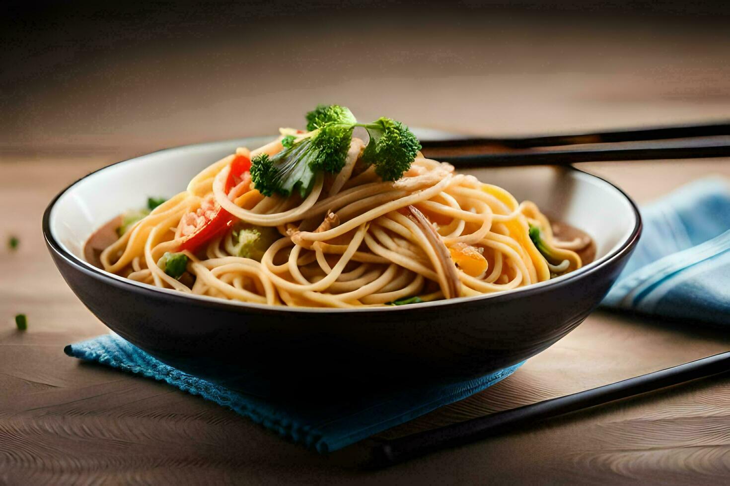 Cinese tagliatelle nel un' ciotola con bacchette. ai-generato foto