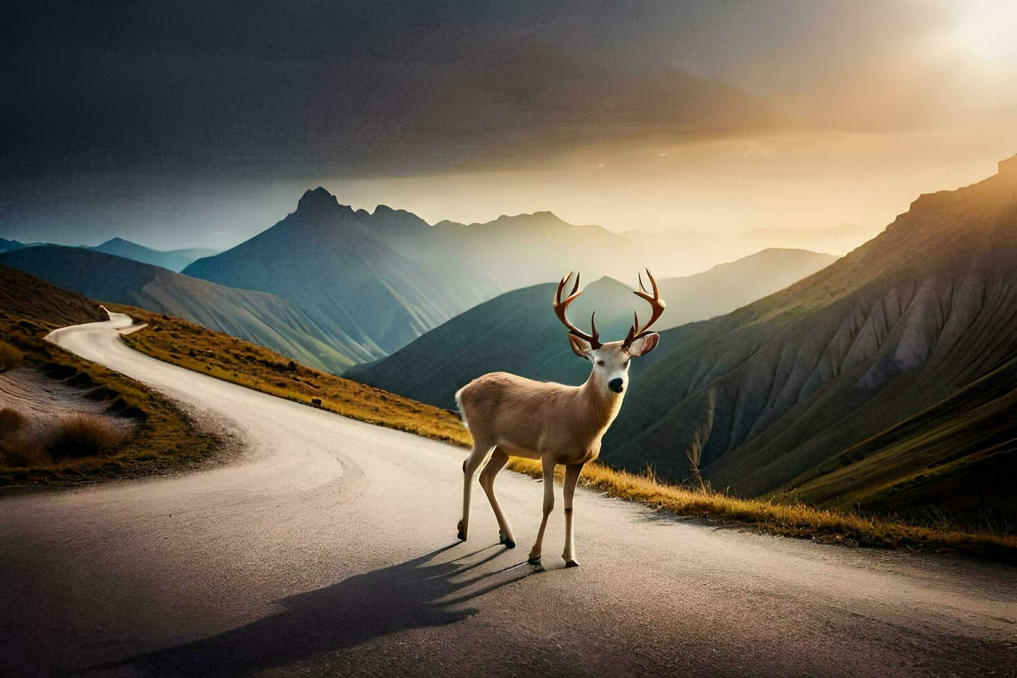 un' cervo sta su il strada nel davanti di montagne. ai-generato foto