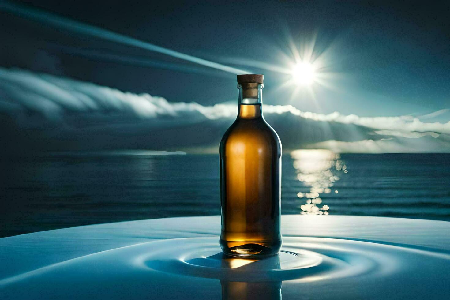 un' bottiglia di whisky su un' tavolo nel davanti di il oceano. ai-generato foto