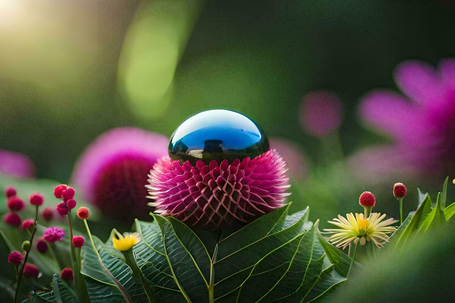 un' blu sfera seduta su superiore di un' fiore. ai-generato foto