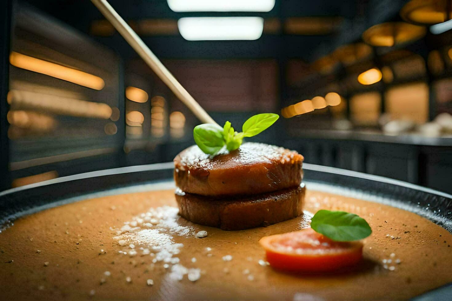 un' piatto di cibo su un' piatto con un' di legno cucchiaio. ai-generato foto