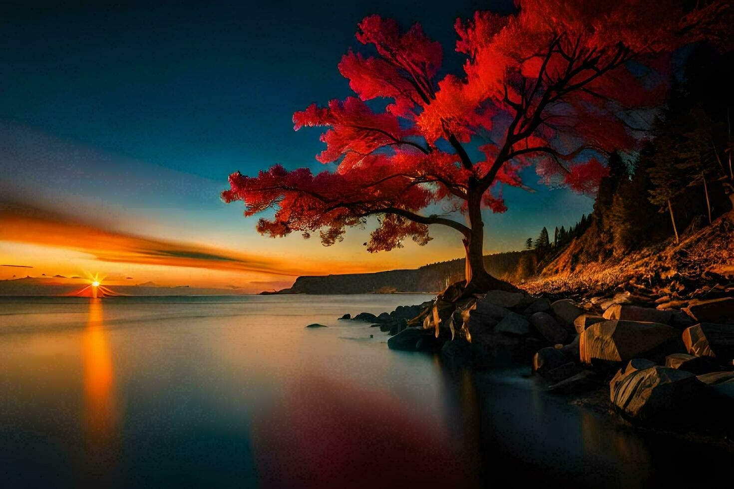 un' rosso albero sta nel il mezzo di il oceano a tramonto. ai-generato foto