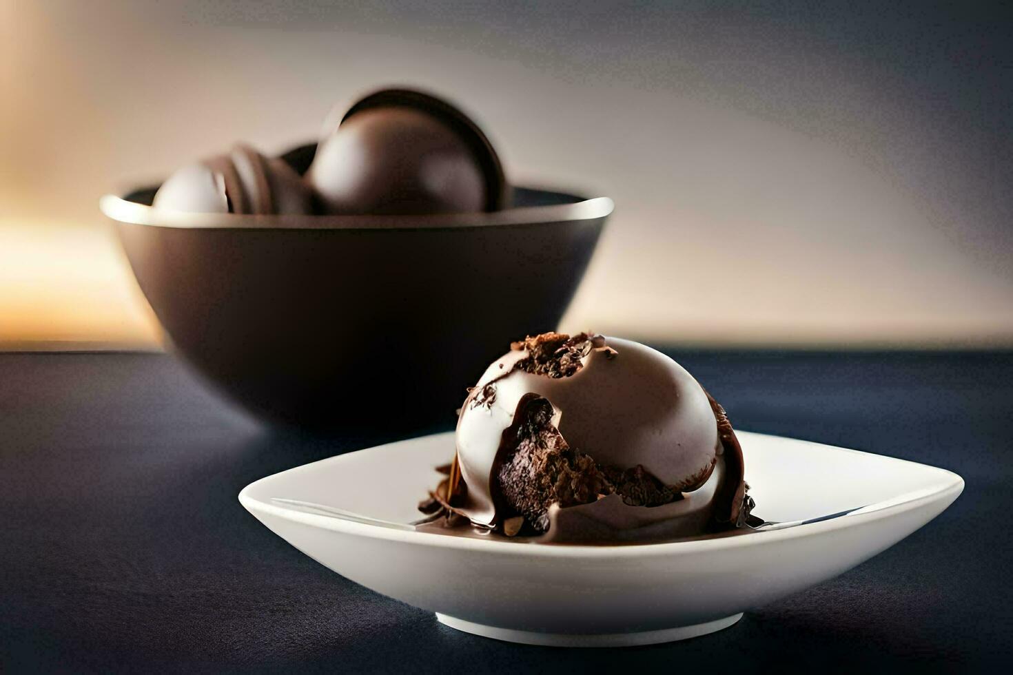 cioccolato ghiaccio crema nel un' ciotola e un' piatto. ai-generato foto