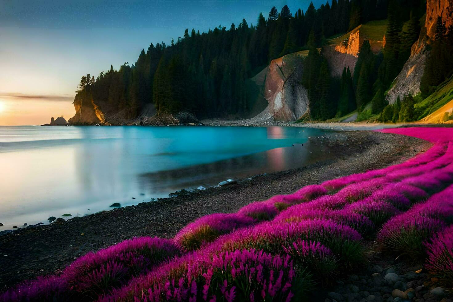 il rosa fiori su il spiaggia a tramonto. ai-generato foto