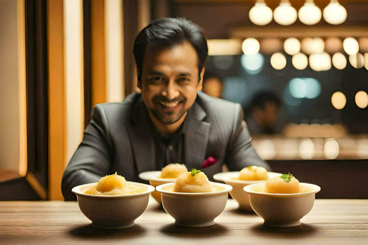 un' uomo nel un' completo da uomo è sorridente mentre seduta nel davanti di ciotole di cibo. ai-generato foto