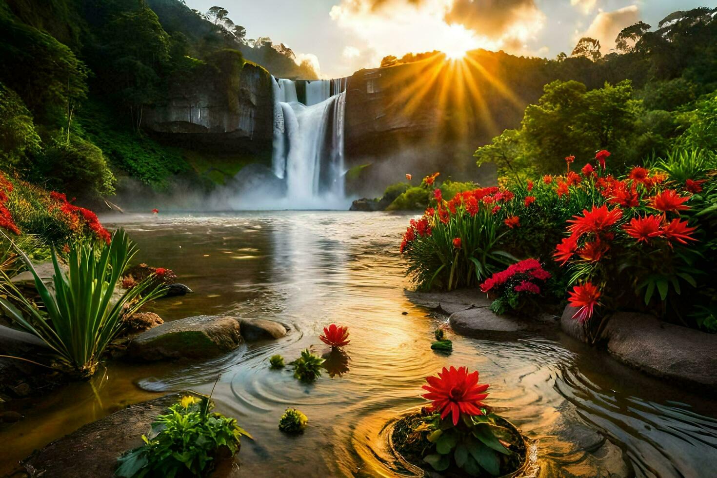 bellissimo cascata nel il giungla con fiori e acqua. ai-generato foto