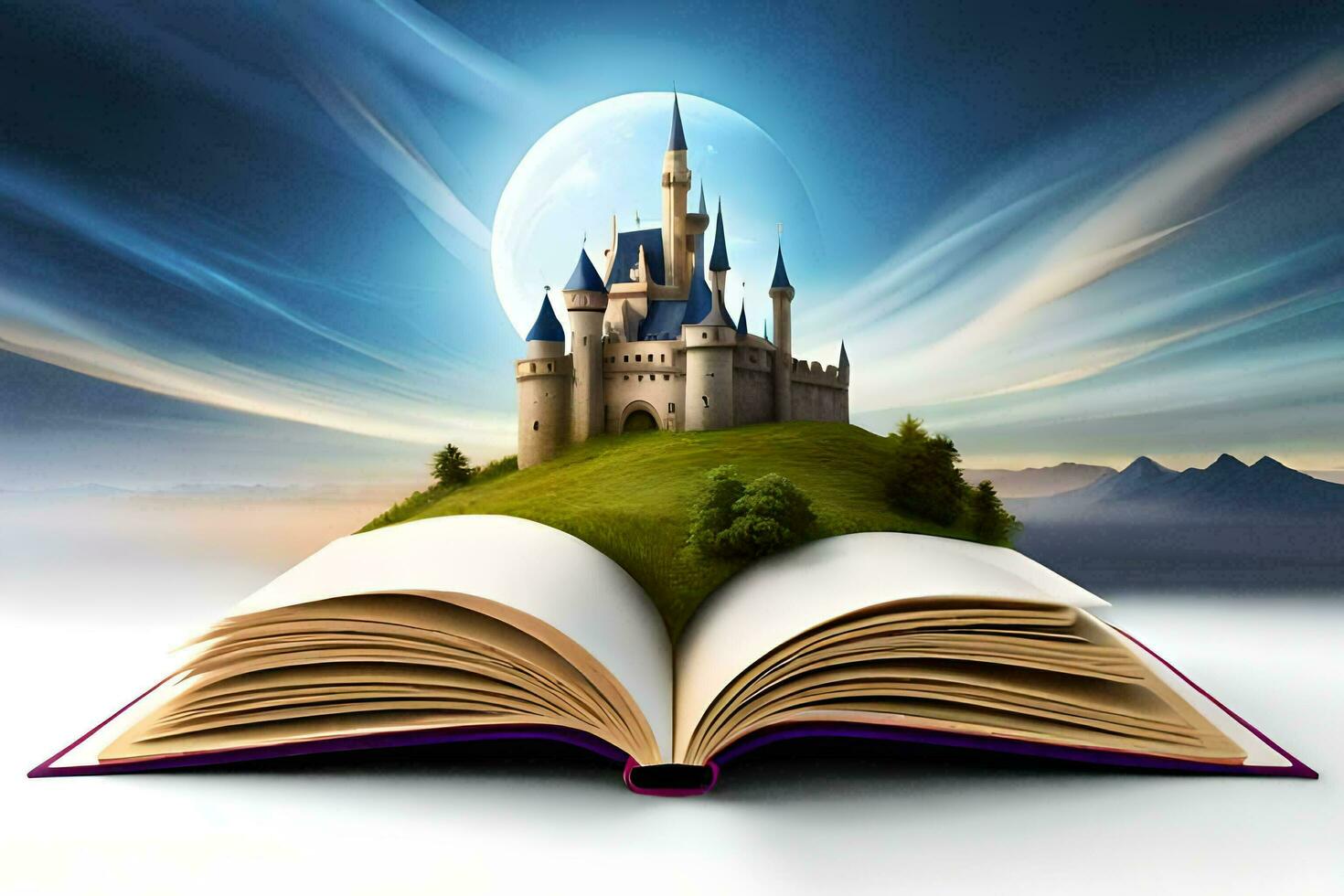 un' castello è galleggiante nel il cielo al di sopra di un Aperto libro. ai-generato foto