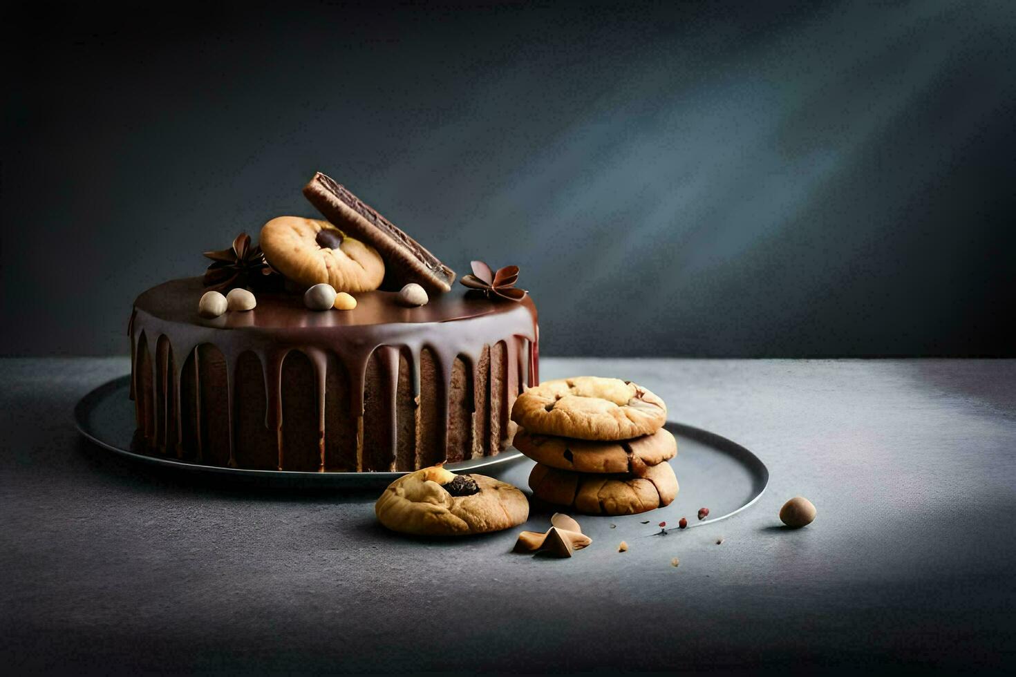 cioccolato torta con biscotti su un' buio sfondo. ai-generato foto