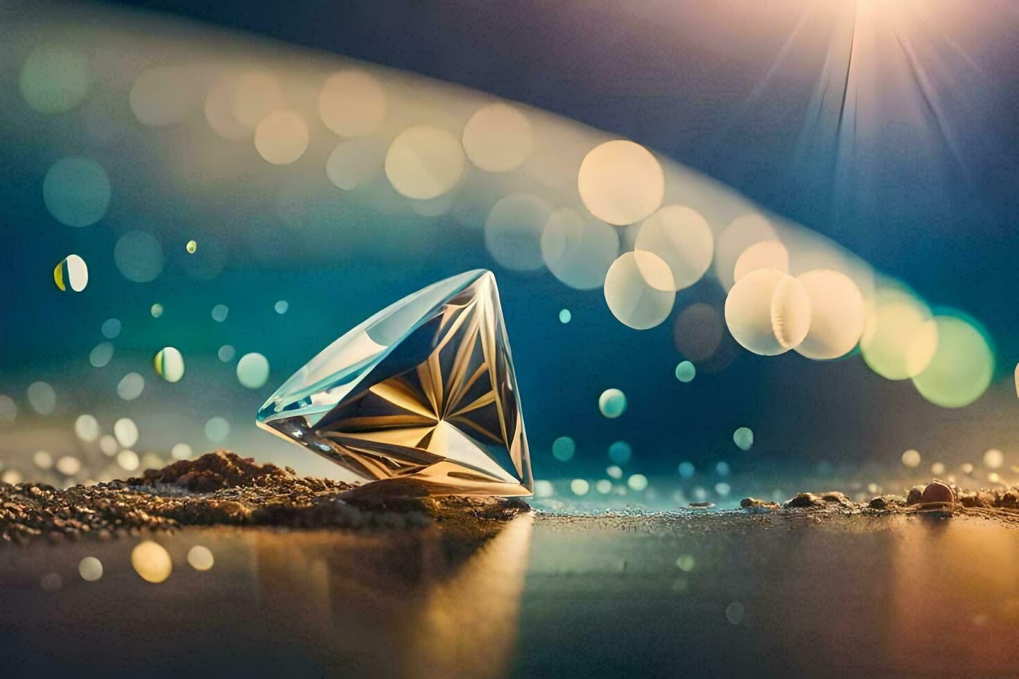 un' diamante è mostrato su il spiaggia con bokeh. ai-generato foto