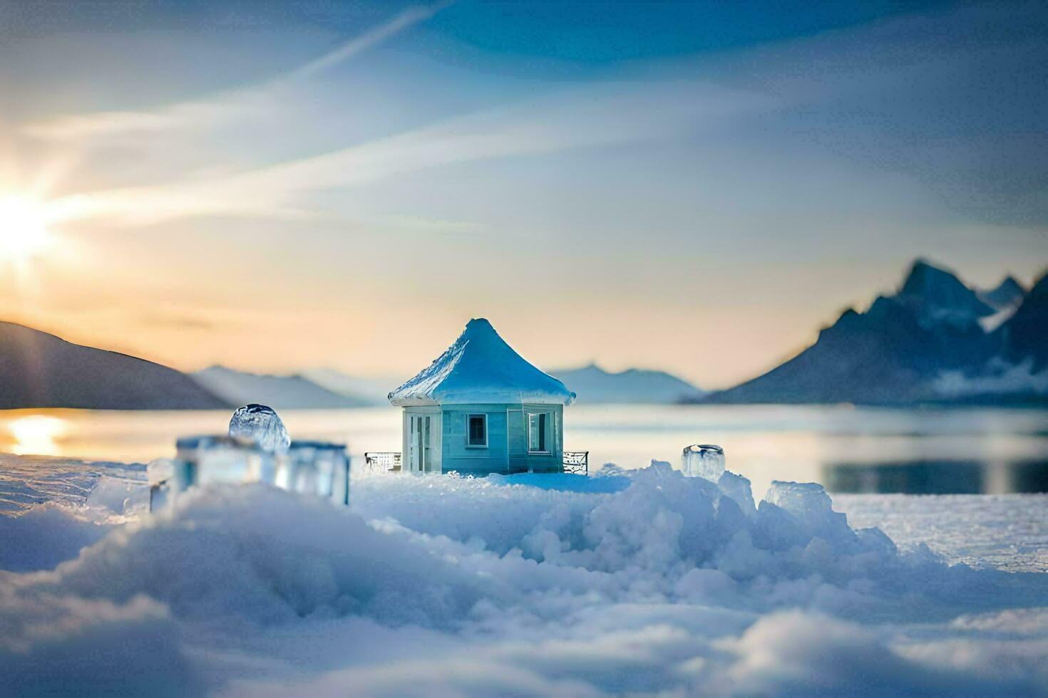 un' piccolo Casa nel il neve con un' sole ambientazione dietro a esso. ai-generato foto